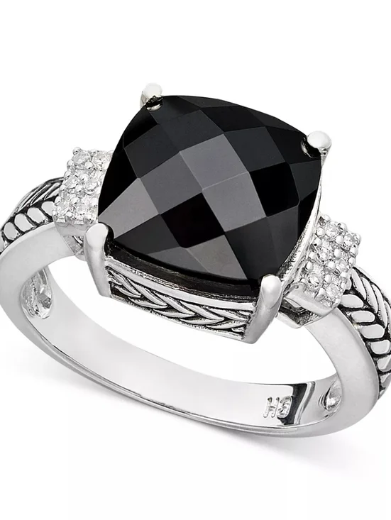 925 Sterling Silver Onyx and Diamond Accented Ring, 4.96 TCWWEB ID: 8227 💍✨ - Picture 2 of 7
